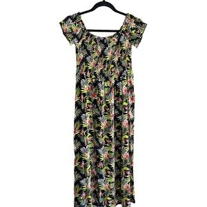 Salty Lemon Black Tropical Print 100% Rayon Maxi Summer Dress Size M